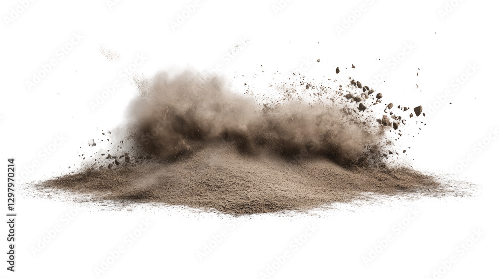Aufkleber dust explosion: a dynamic visual capturing a cloud of dust and debris erupting, with a focus on text
