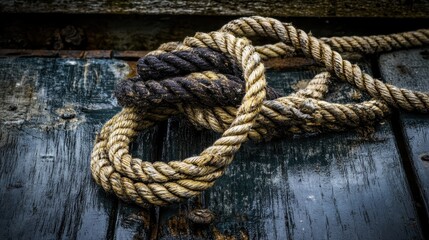 Fototapeta premium Rustic Texture of Twisted Rope on Weathered Wooden Surface