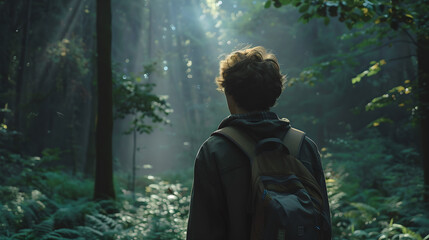 Back View of Hiker in Forest