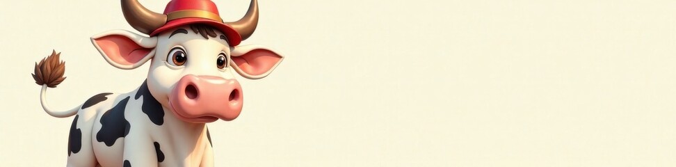 Illustration of spotted cow with big smile and colorful hat, happy, spotted, illustration