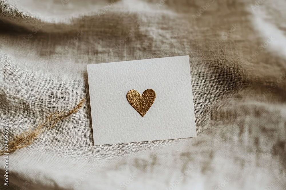 Poster simple elegance shines through a delicate golden heart on textured white paper resting on soft fabri