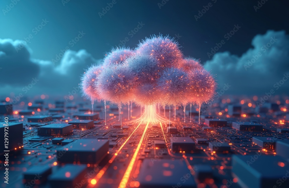 Aufkleber tech illustration cloud computing concept with web data storage. global social networking with serve
