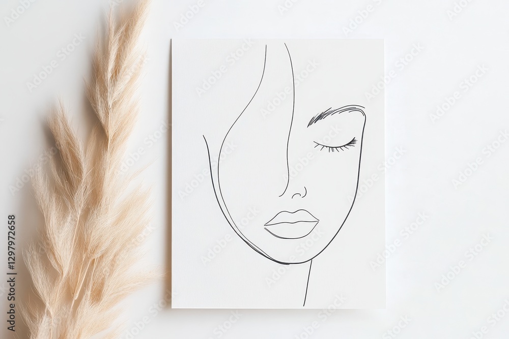 Poster minimalistic line art of a serene woman’s face with elegant features, captured in a soft and calming