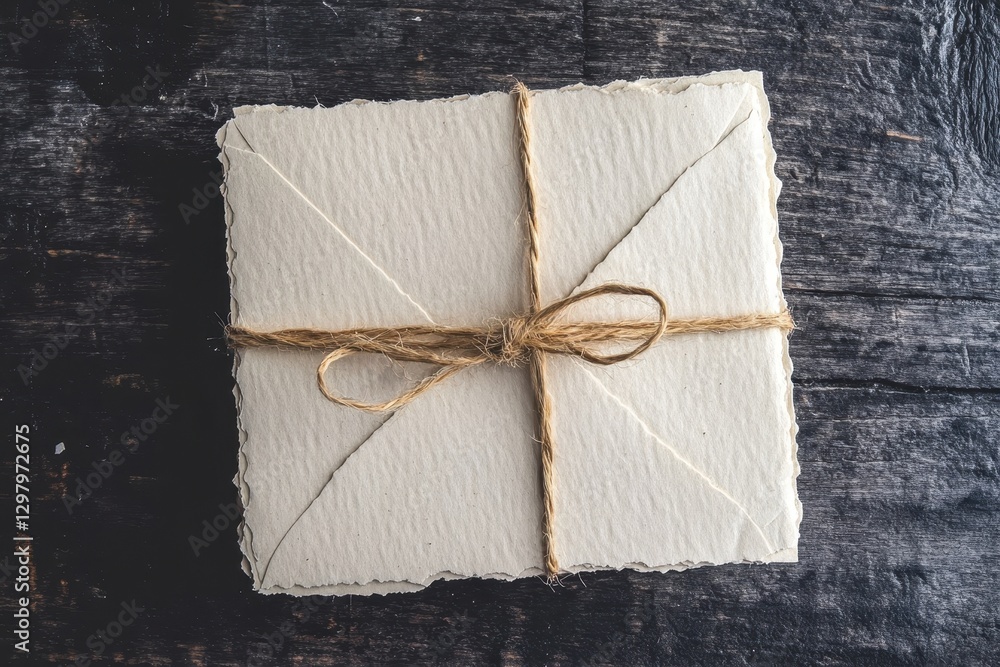 Poster rustic wrapped bundle of handmade paper resting on a dark wooden table illuminated by soft natural l