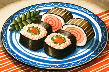sushi on plate with funny background cartoon illustration