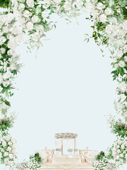 Watercolor Card with  wedding ceremony, with white blooming roses flowers.  Illustration