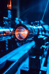 Fototapeta premium 赤いレーザーを放つハイテク光学装置のクローズアップ