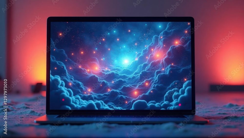 Poster ai presentation maker. laptop is sitting on table with colorful background