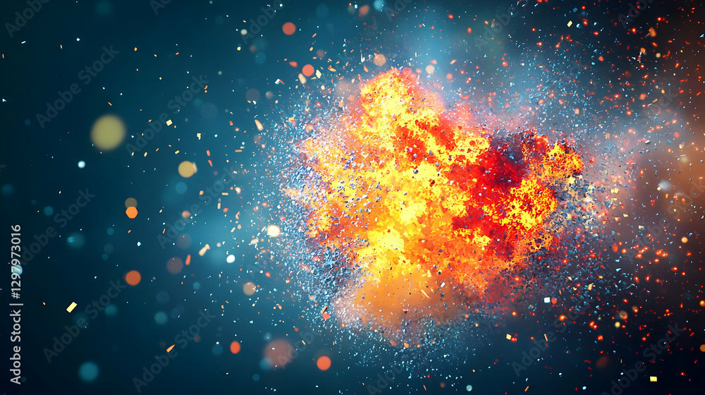 Poster explosive abstract illustration with fiery orange flame and dynamic particle motion against a dark t