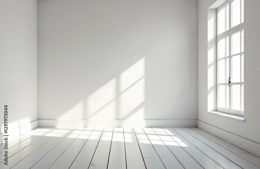 Poster sunlight streams through window into empty white room, casting shadows on wall, wooden floor. abstra