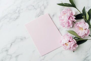 Delicate pink peonies arranged beside a blank card on a soft marble surface, creating a serene and elegant atmosphere. Generative AI