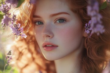 Fototapeta premium Portrait of a Stunning Redhead Woman with Curly Hair in Soft Natural Light, Surrounded by Flowers