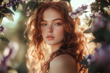 Fototapeta premium Portrait of a Stunning Redhead Woman with Curly Hair in Soft Natural Light, Surrounded by Flowers