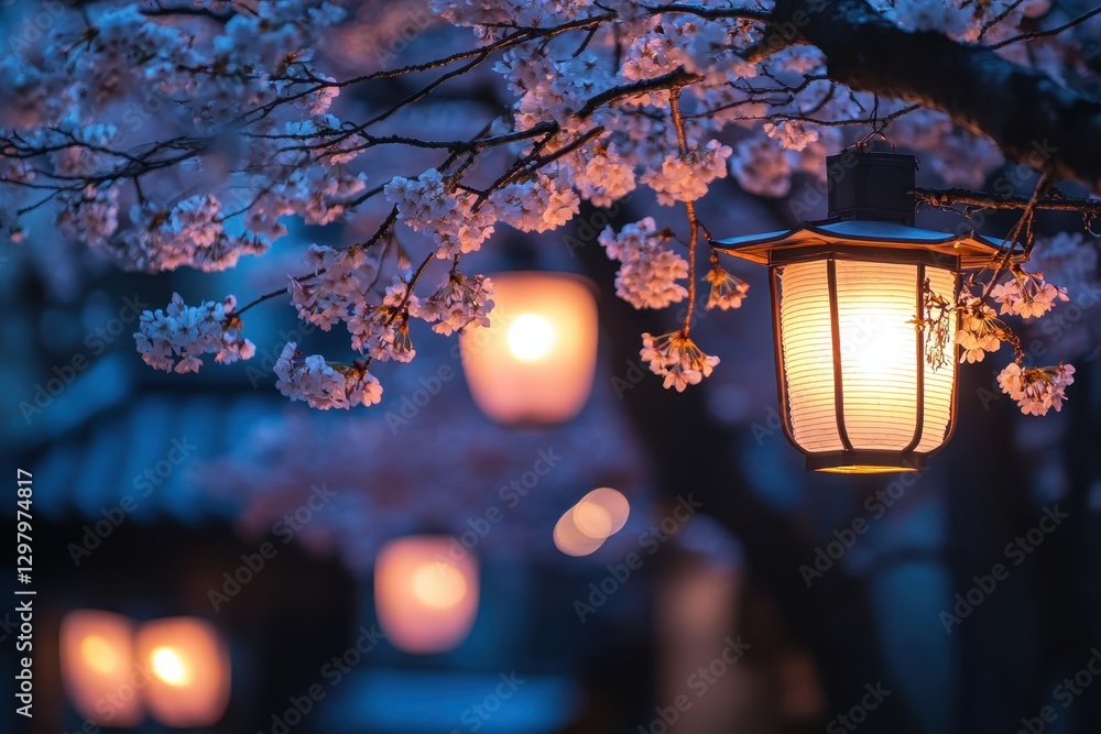 Aufkleber blossoming cherry trees illuminated by lanterns create a magical evening atmosphere under a twilight