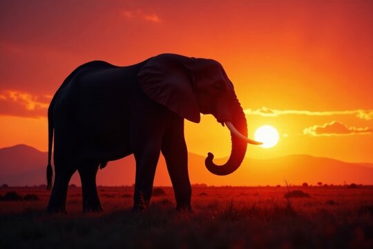 Large elephant silhouette against sunset background, landscape, sunset, animal
