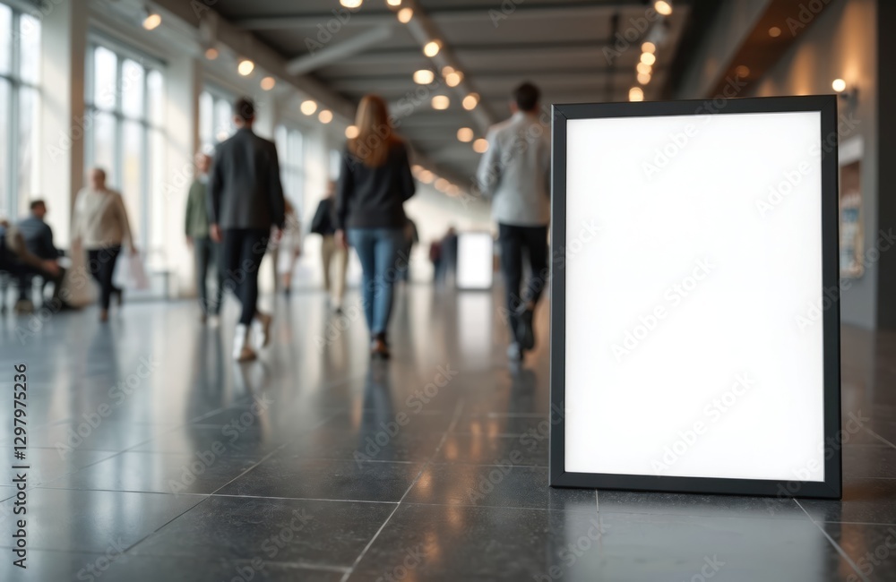 Poster blank sign with copy space on foreground for text message content, advertising. people walk blurred 