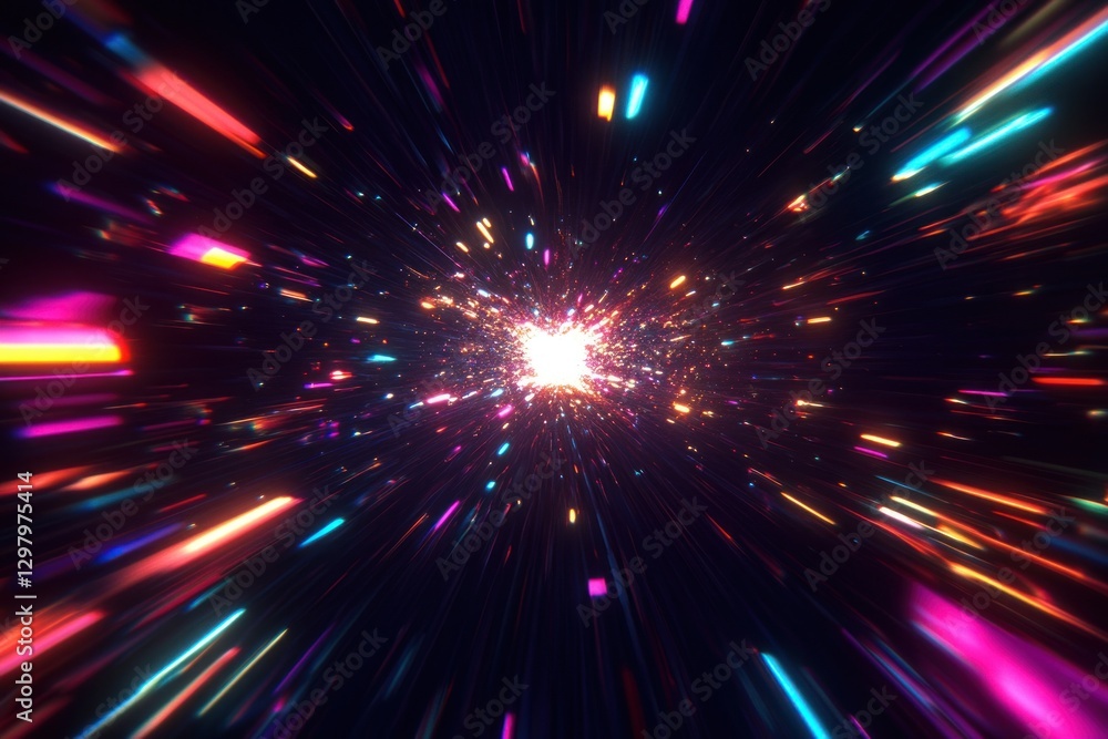 Poster colorful light streaks exploding from a central point in dark space.
