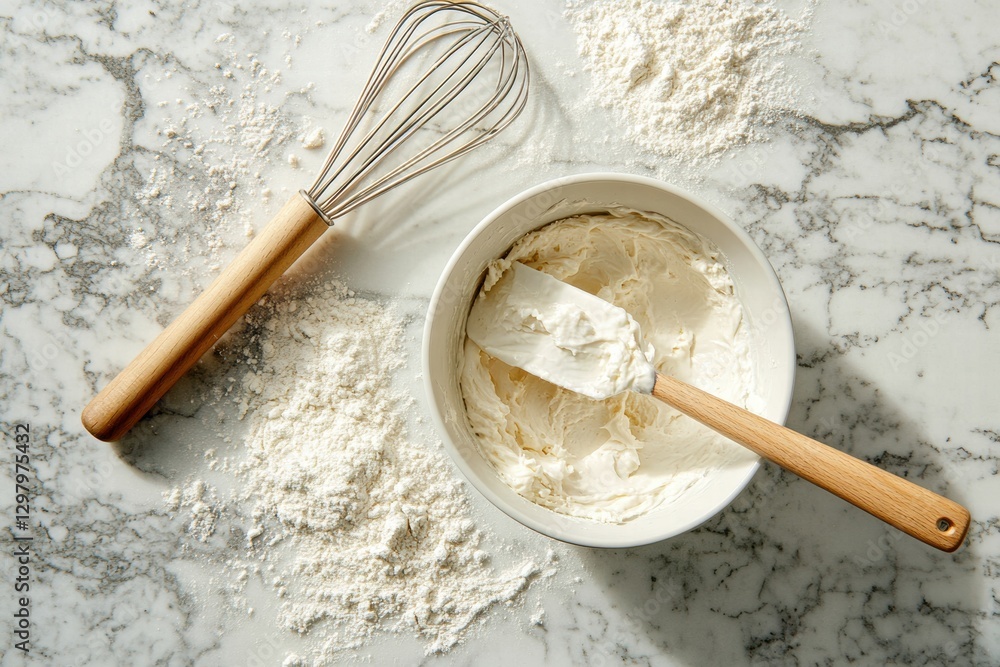 Poster Preparing baking ingredients on a marble countertop with a whisk and a bowl of cream. Generative AI