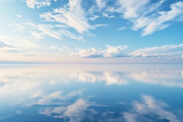Serene reflections of clouds dance across the calm waters during a tranquil midday on the horizon. Generative AI