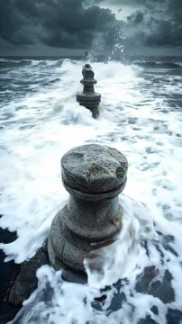 Animated chess video: turbulent ocean, strategic duel, intense setting, crashing waves, ledge drama, oceanic energy, artistic depiction, animated strategy, coastal challenge, captivating scene.