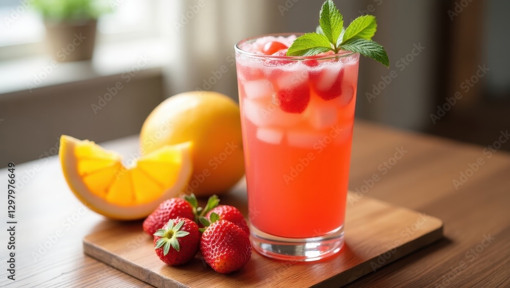 Poster hwachae. drink is on table with slice of lemon and strawberries