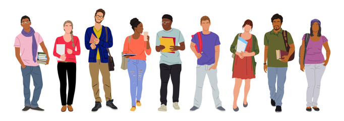 Group of multiracial and multicultural students. Young girls and boys holding books, folders standing and walking to college, university. Vector realistic illustration isolated © Creative_Juice_Art