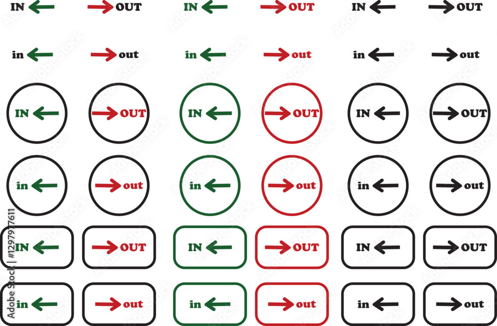 Poster in out arrow icons set. simple arrow big vector collection isolated on transparent background. red o