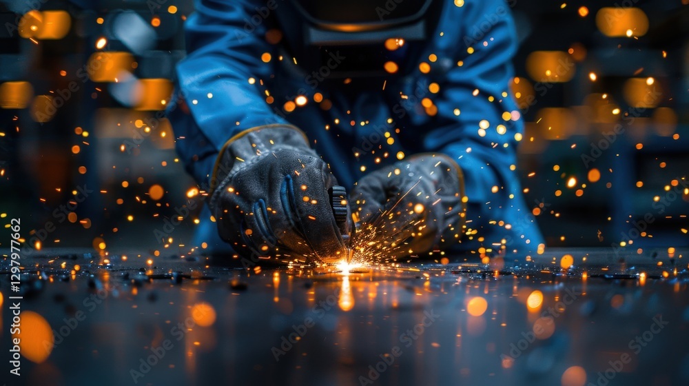 Poster close-up of a welder's hands skillfully operating a welding torch, creating a dazzling shower of spa