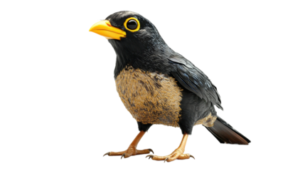 A curious, black and brown bird with bright yellow beak and eyes, perched alertly against a clean white background, showcasing its unique plumage in vivid detail.