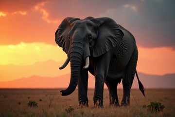Fototapeta premium Massive elephant standing alone in the savannah at dusk , Sunset, Wildlife, Wild Animal