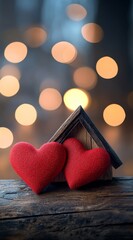 Romantic Red Hearts Wooden House Cozy Home Sweet Home Valentine love card warm blur bokeh photo     
