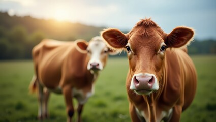 Ilia. Two brown cows with white markings grazing in green pasture at sunset, rural farm animals close-up, peaceful countryside background, ideal for agriculture, nature, livestock, farming themes war