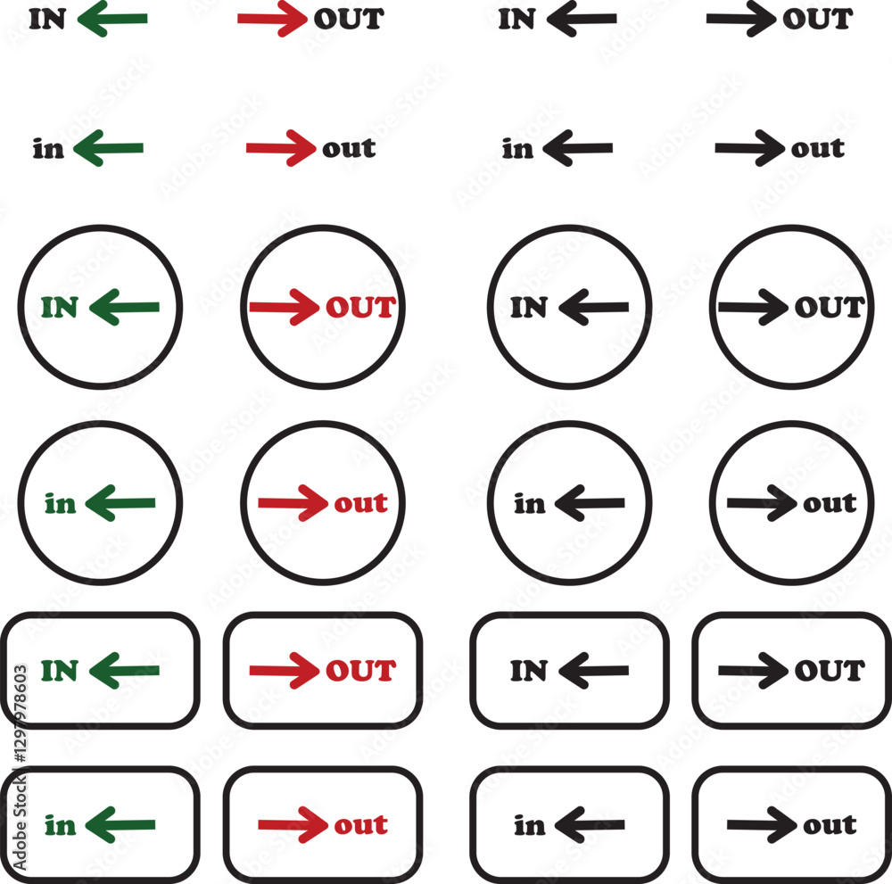 Poster in out arrow icons set. simple arrow big vector collection isolated on transparent background. red o