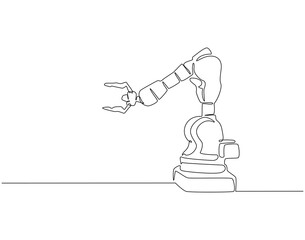 Continuous line drawing of robotic arm. Single line illustration of Industrial manipulator. Mechanical robot concept. Editable outline