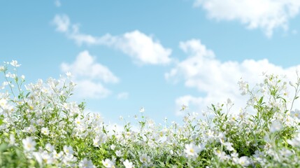 Fototapeta premium Small white wildflowers bloom in a green meadow under a bright blue sky with fluffy clouds.