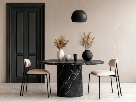 Stylish modern dining table setup elegant interior furniture arrangement minimalist design eye-level view home aesthetic