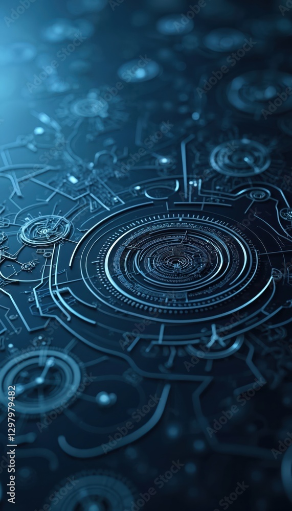 Poster intricate mechanical blueprint with geometric patterns against deep blue backdrop. technical design 