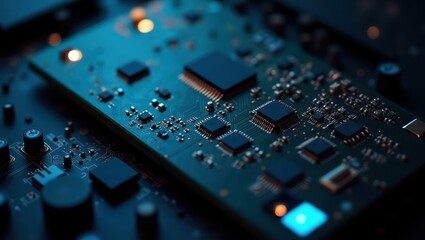 Pcileech. Close up blue circuit board with microchips electronic techn