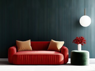 Modern living room design with red sofa and green accent minimalist interior contemporary style