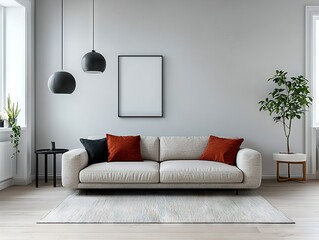 Modern living room design with cozy sofa and stylish decor contemporary space interior photography minimalist aesthetic