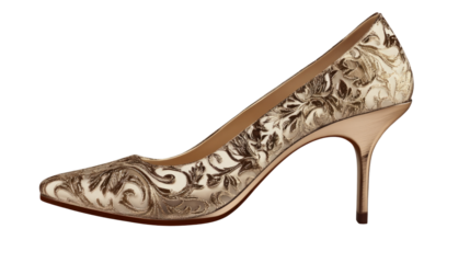 Elegant Heels: Exquisite close-up of a beautifully crafted high-heeled shoe, showcasing a gold and detailed intricate design.