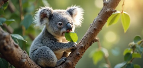 Obraz premium Adorable koala sits on a tree branch eating eucalyptus leaf. Cute furry animal chews green foliage in nature. Native Australian marsupial enjoys green plants, calm, peaceful at sunny day.