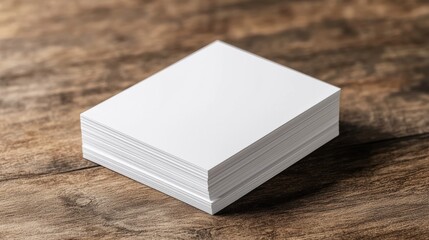 Fototapeta premium A neat stack of blank white paper sits on a wooden surface, showcasing simplicity and potential for creativity or organization.