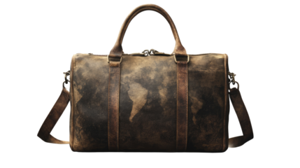 Global Traveler's Leather Companion: A sturdy, luxurious travel bag crafted from rich brown leather. Embossed with a subtle world map design.