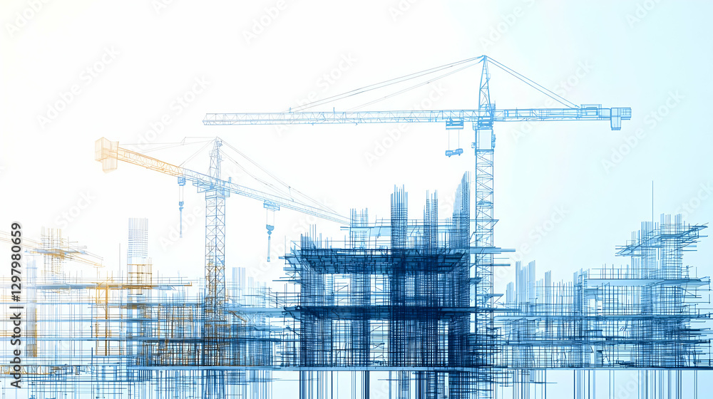 Poster abstract blue and yellow construction site blueprint showing building structures and cranes