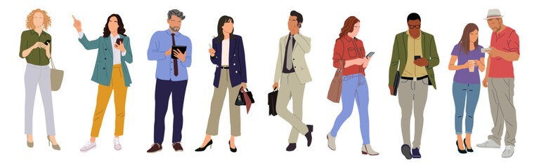 Obraz premium Set of different people using gadgets. Business men and women holding smartphones and tablet, texting, talking, watching news. Group of male, female cartoon characters Vector realistic illustrations.