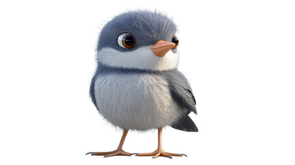 Obraz premium A fluffy little bird chick, curious and endearing, peeks from a bright white background in a charming 3D render.