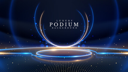 Golden glowing product display stand with blue neon light effect and bokeh on dark stage backdrop, elegant background design concept. Vector illustration.