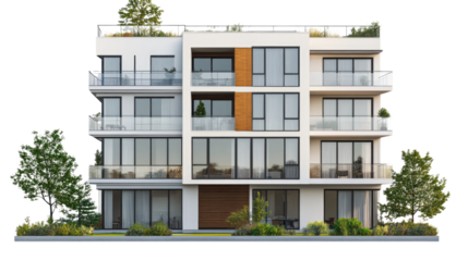 Modern Apartment Building with Trees: A contemporary apartment building, showcasing sleek architecture and a focus on urban living, with vibrant trees enhancing the aesthetic appeal. 