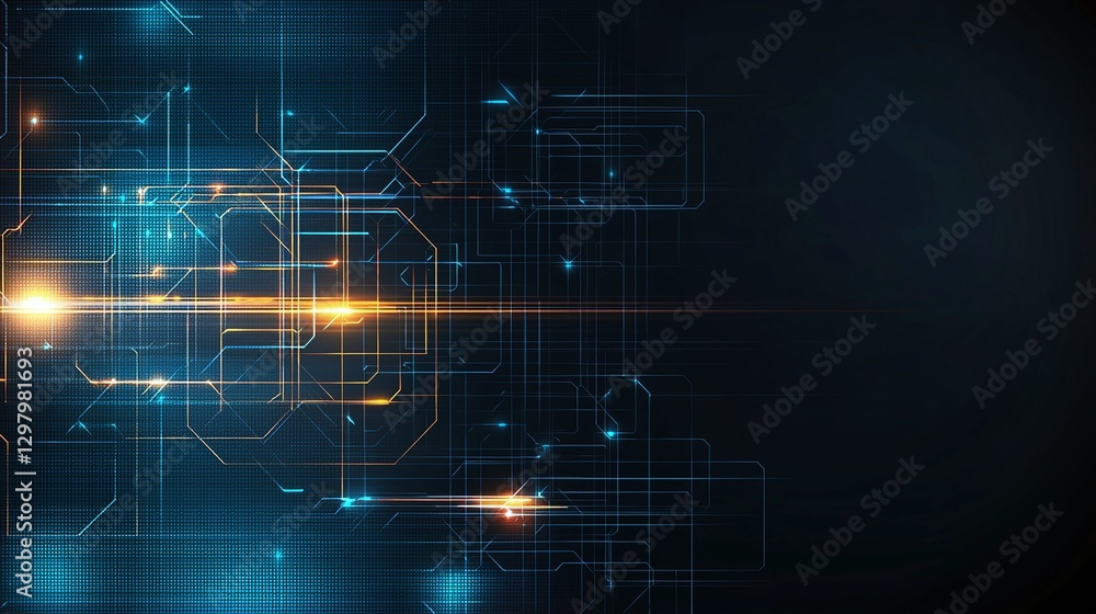 Poster a captivating abstract background featuring glowing lines and circuit patterns in blue and orange to